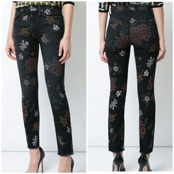 7 For All Mankind Black Floral Print High Rise Jeans - Picture 1 of 7